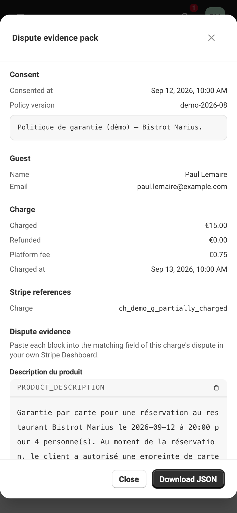 The dispute evidence pack, with its consent, charge, guest, event-trail and Stripe-reference sections.