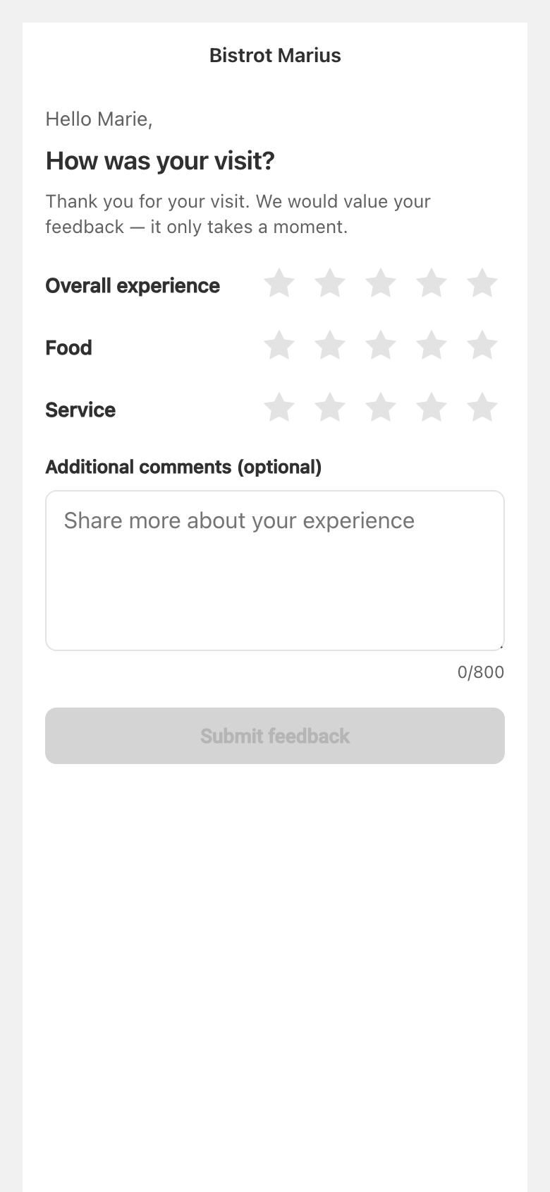 The guest's response page in the venue's colours: the header with the venue name, the first-name greeting, the question 'How was your visit?', the three star ratings (overall experience, food, service), the optional comment field and the 'Submit feedback' button.