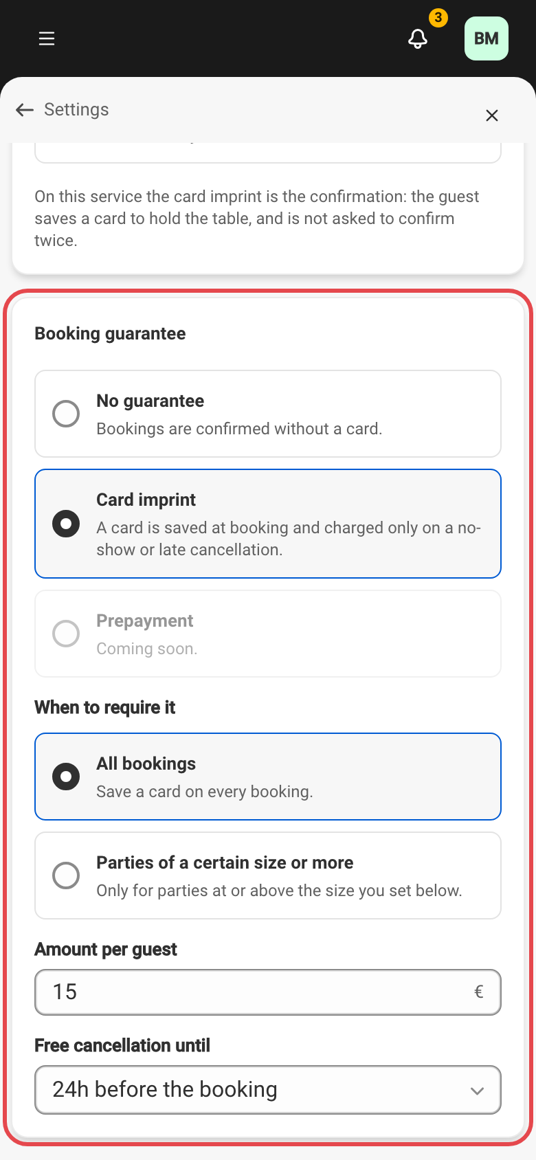 The Booking guarantee block with card imprint turned on: the amount per guest, the trigger, and the free-cancellation window.