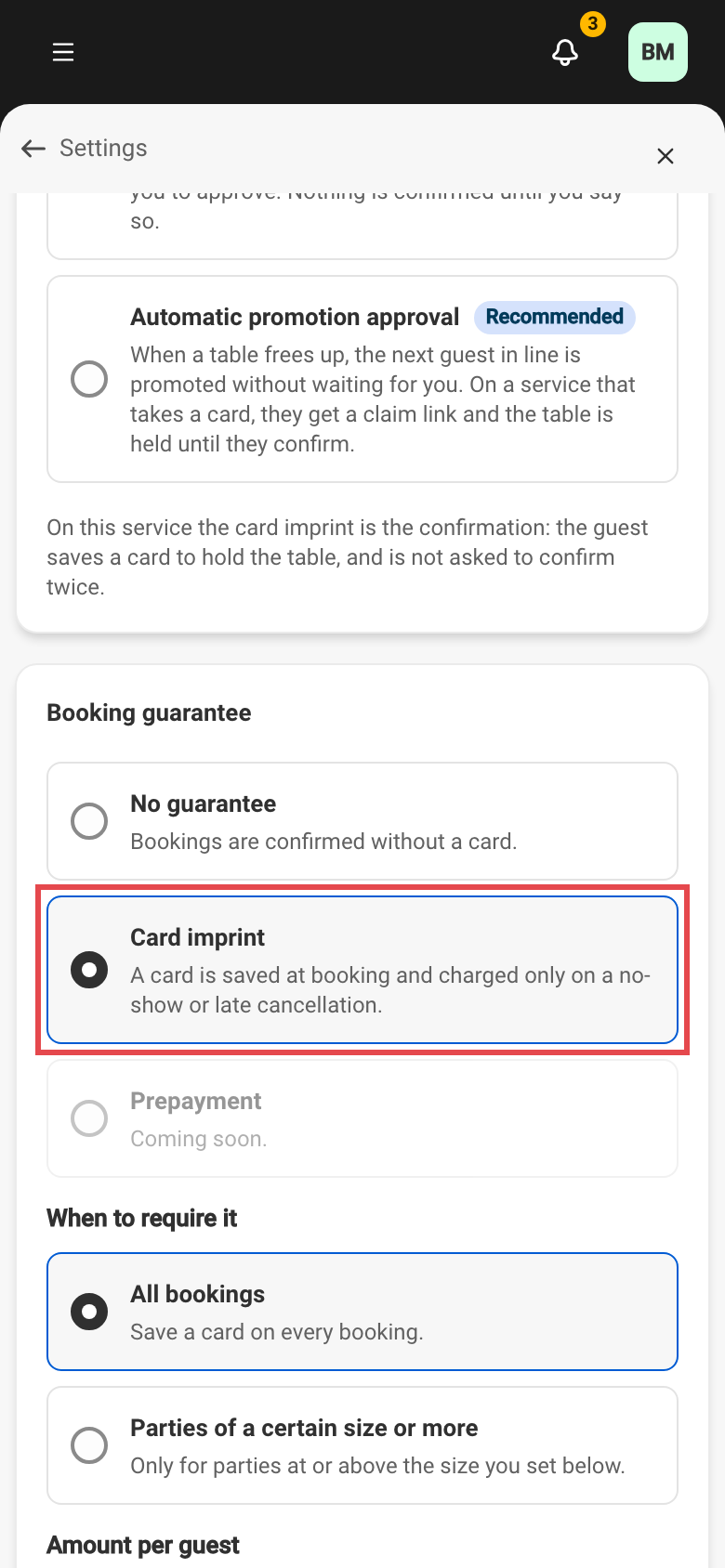 The guarantee-mode choice of a booking rule: No guarantee, Card imprint, or Prepayment (coming soon).