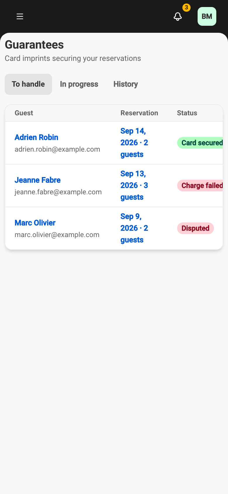 The Guarantees screen, To handle tab, with several imprints and their status.