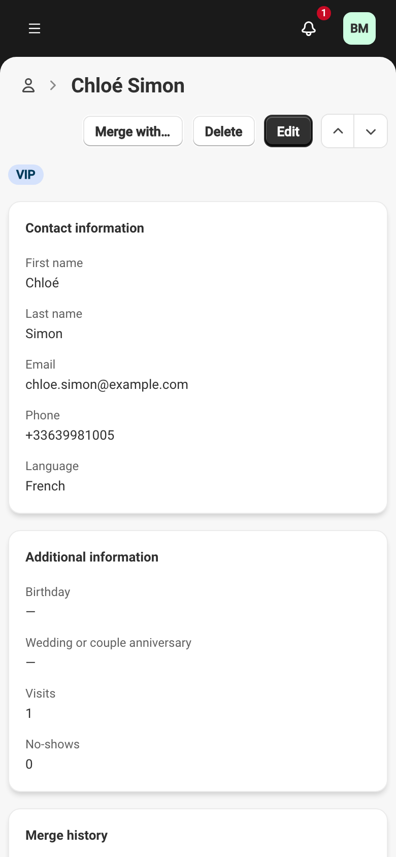 A VIP guest's profile (Chloé Simon): the Contact information card with first name, last name, email, phone and language, the VIP marker above it, and the Additional information card with the visit and no-show counts.