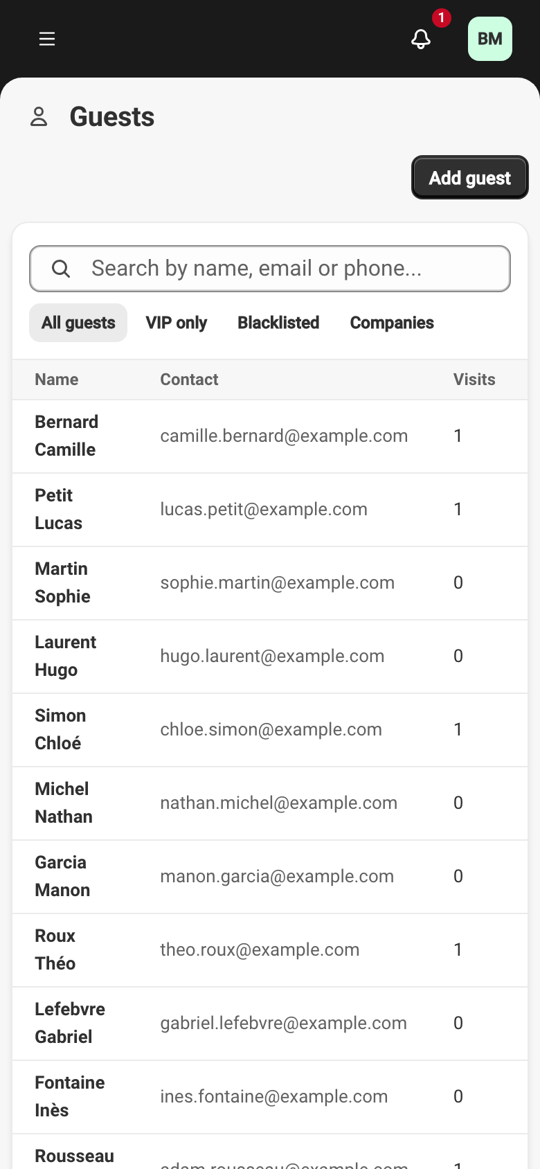 The Guests list: one row per guest with the name, a contact detail, the visit count and status, above the search field and the All guests, VIP only and Blacklisted filters.