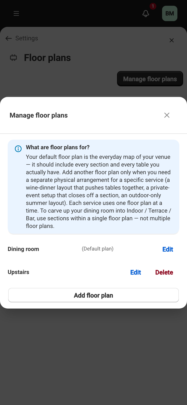 The Manage floor plans dialog: the explanation of what they are for, the list of plans and the default plan.