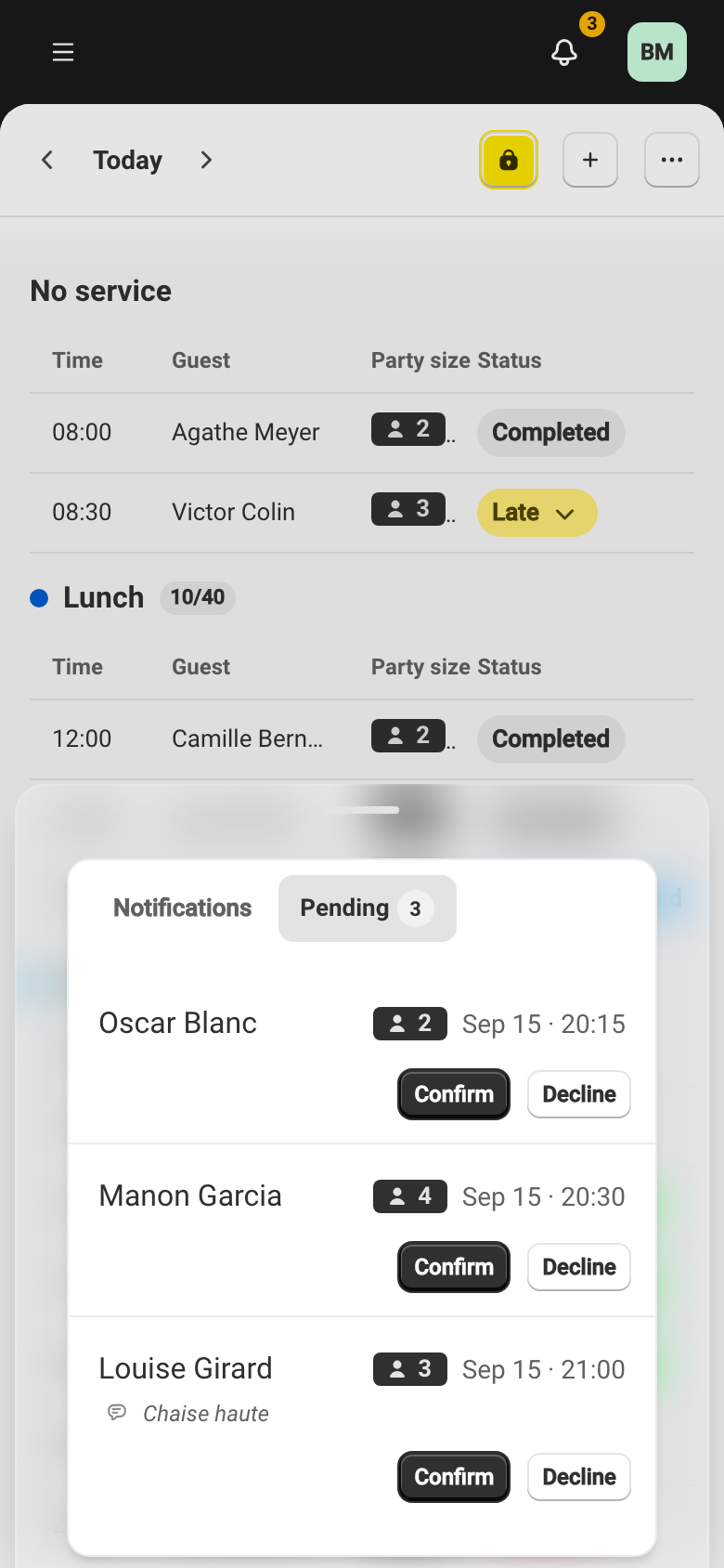 The notification center, Pending tab, with Confirm and Decline on a request.