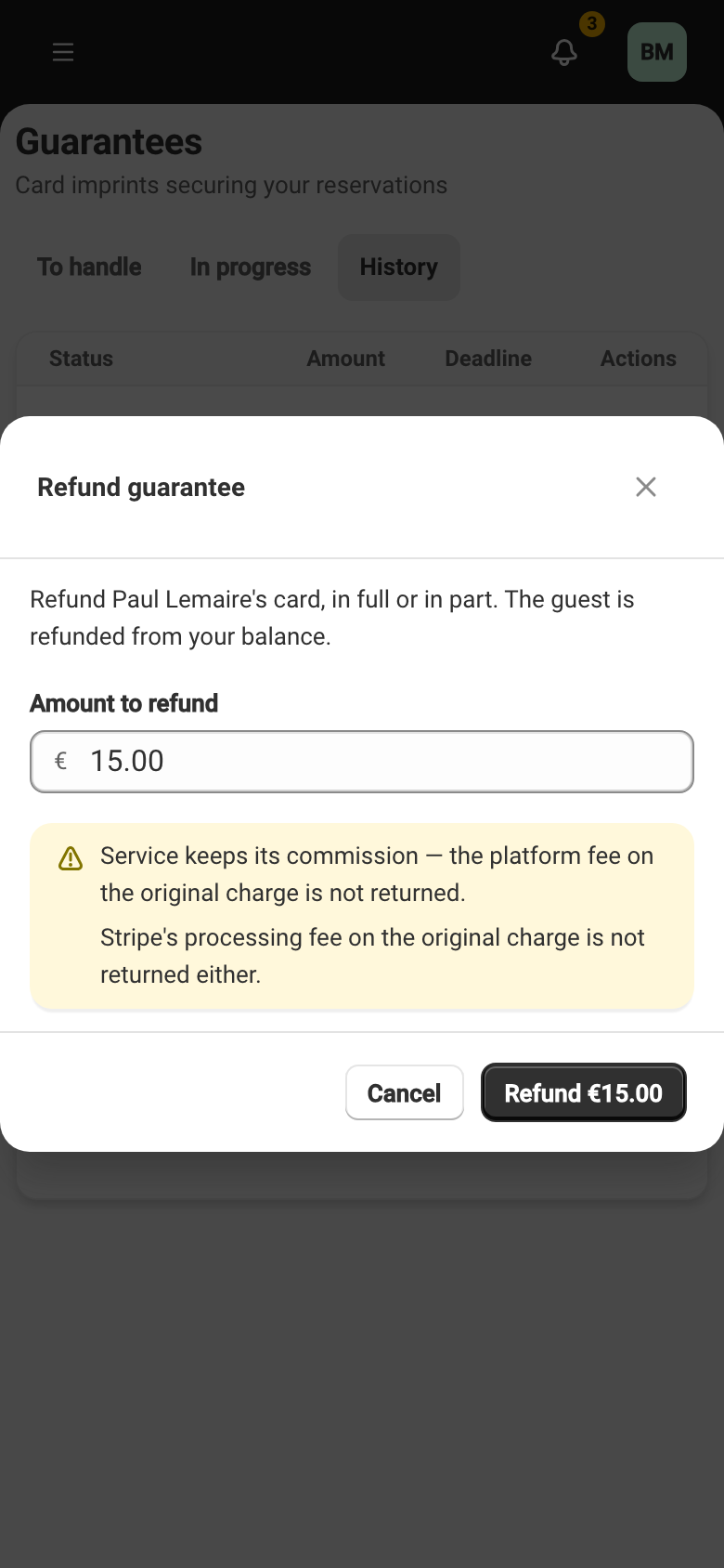 The refund window for a guarantee, noting that the commission is kept.
