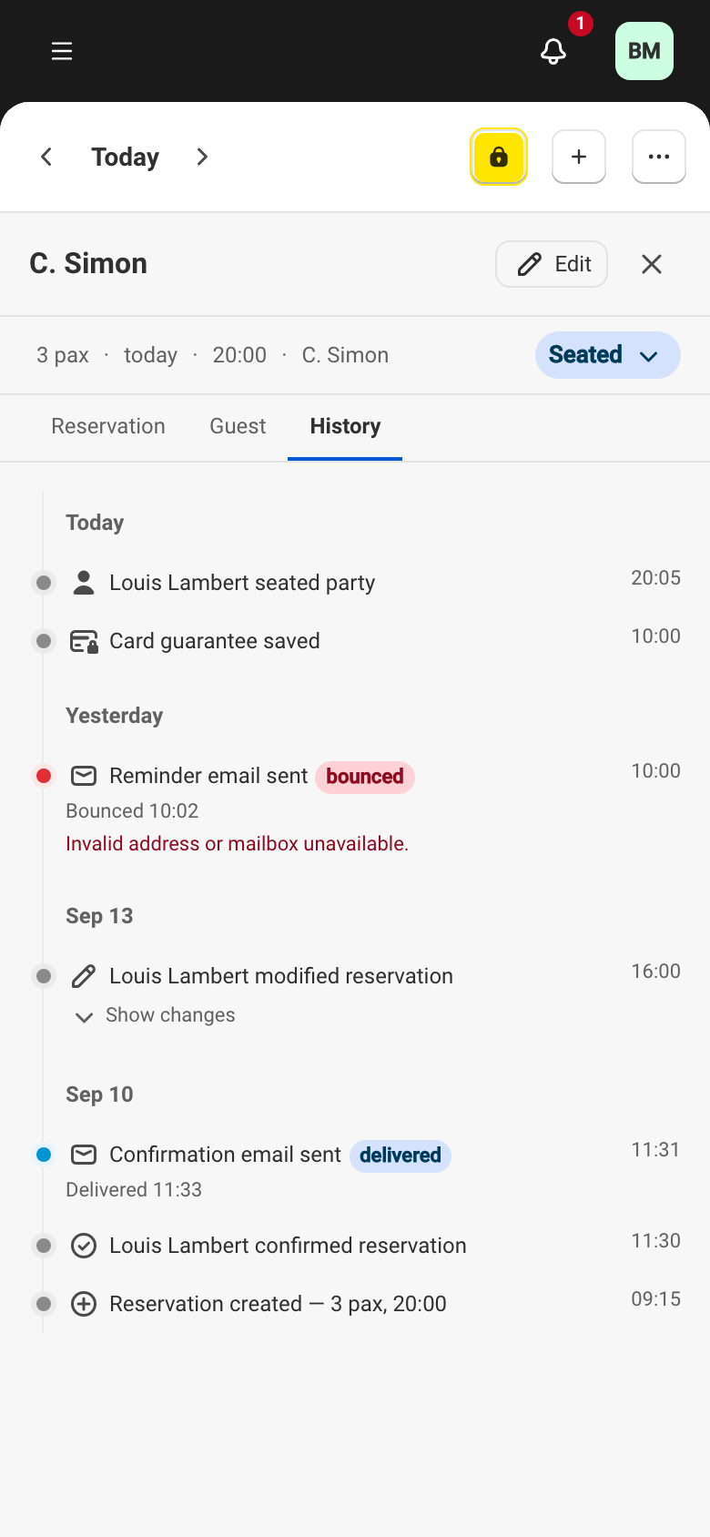 A reservation's History tab, with its dated events — lifecycle, guarantee, and guest emails with their delivery status (delivered, bounced).