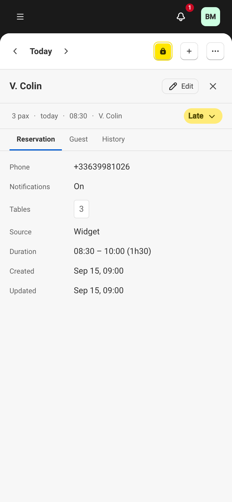 A reservation's detail panel, open on the Reservation tab.