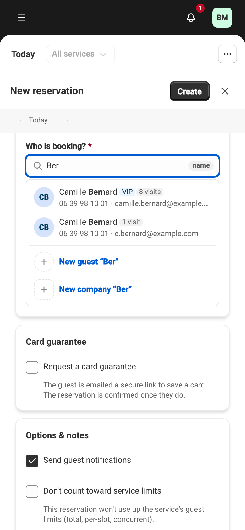 The form’s Guest card: the “Who is booking?” field holding “Ber”, and below it two Camille Bernard profiles — one VIP with 8 visits, the other with 1 visit — each with its phone and email, then the two rows “New guest Ber” and “New company Ber”.