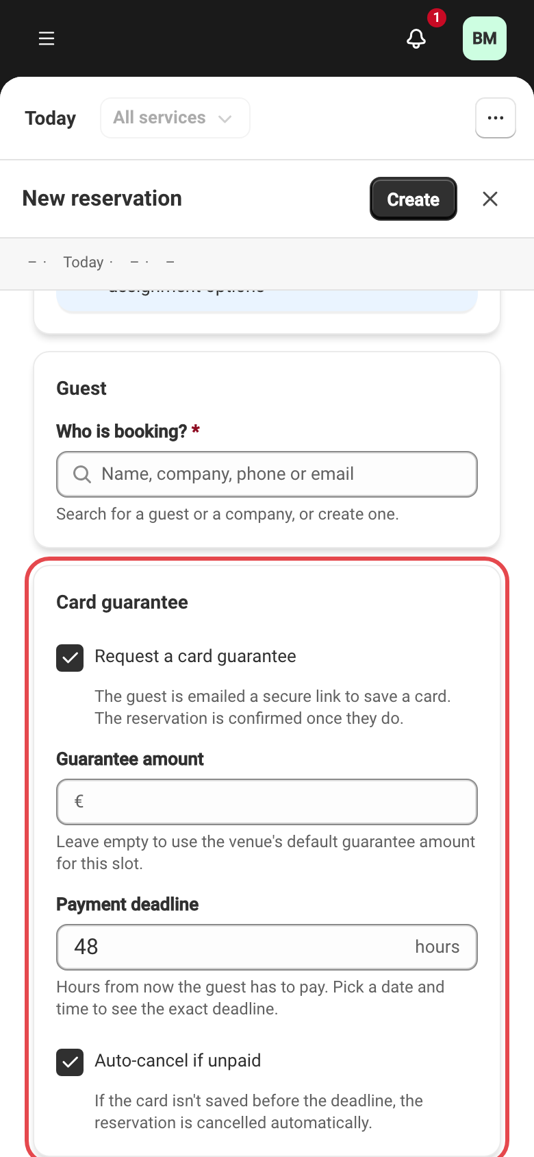 The Card guarantee section of the reservation form, request turned on.
