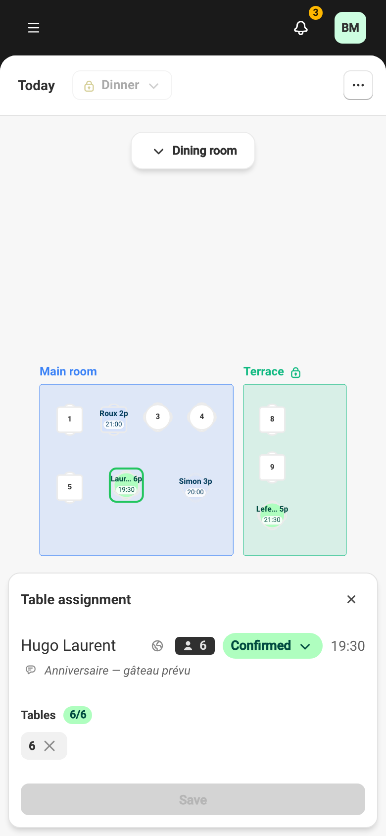 The Table assignment panel: the reservation summary, the selected tables, and the save button.