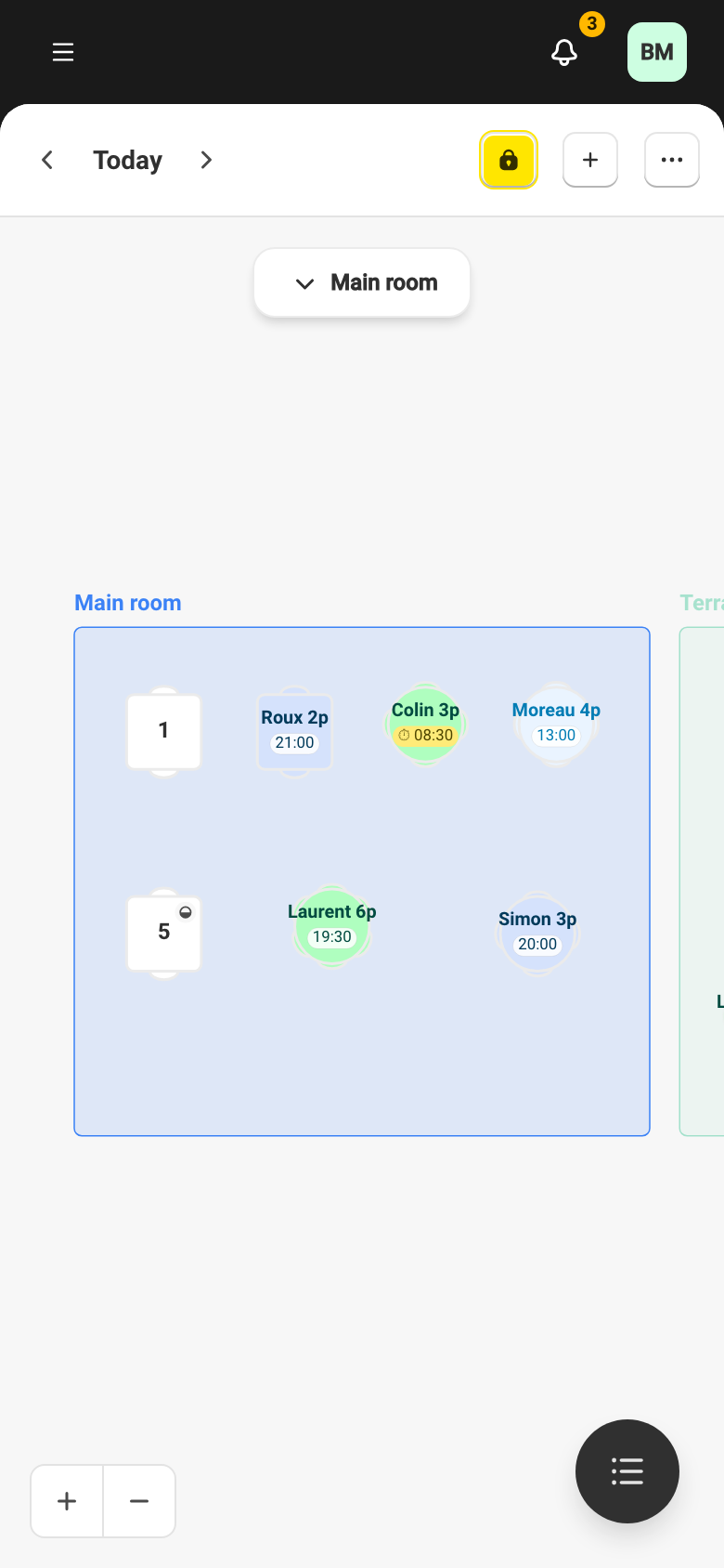 The Floor plan view, where you tap a table to seat a walk-in guest.