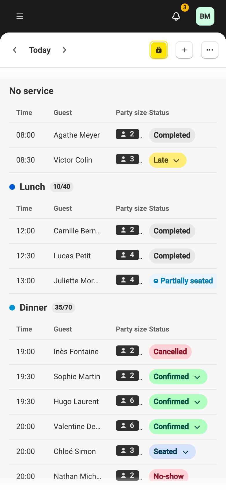 The Reservations day view, where each reservation's status is visible.