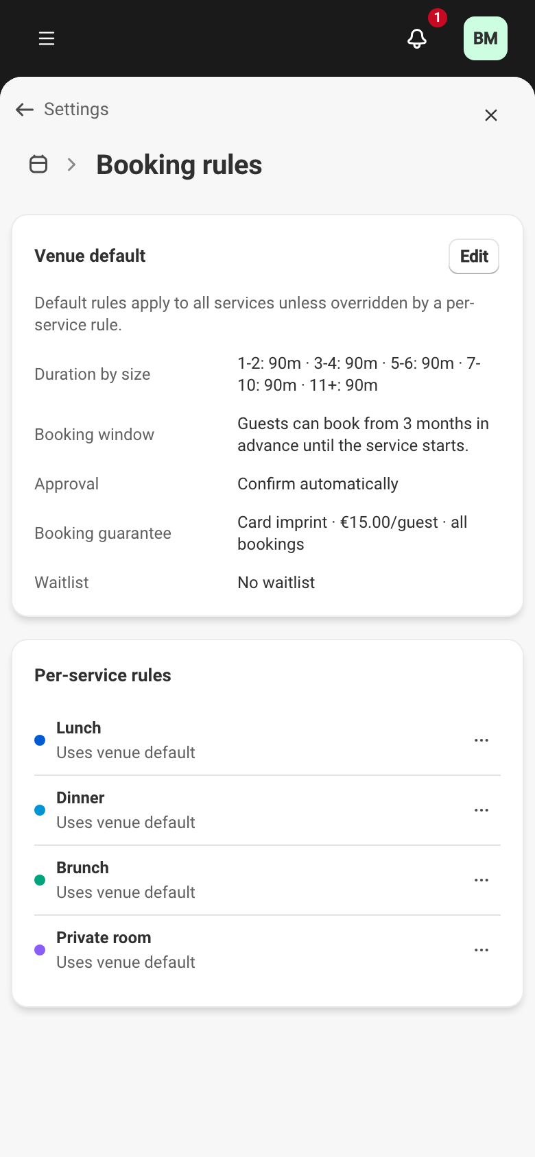 The Booking rules page: the Venue default card (duration by party size, booking window, approval, guarantee) above the per-service rules list.