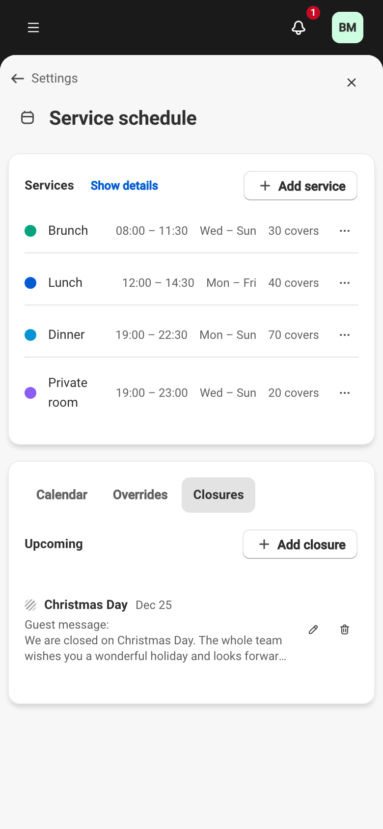 The Closures tab of the service schedule: the 'Christmas Day' closure on Dec 25 appears in the Upcoming section next to the Add closure button.