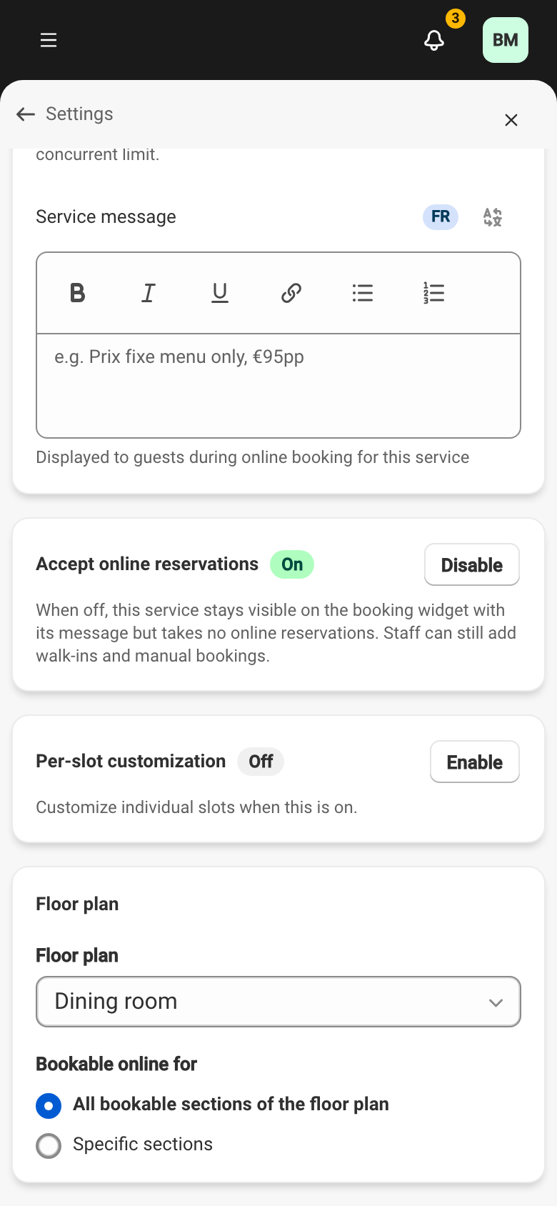 The “Accept online reservations” block of a service form, with the On badge and the Disable button.