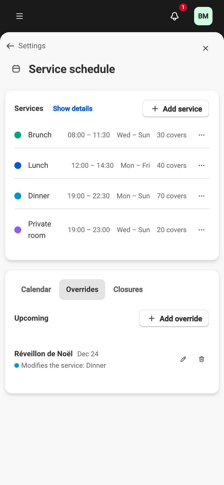 The Overrides tab of the service schedule: the 'Réveillon de Noël' override on Dec 24, which modifies the Dinner service, appears in the Upcoming section next to the Add override button.