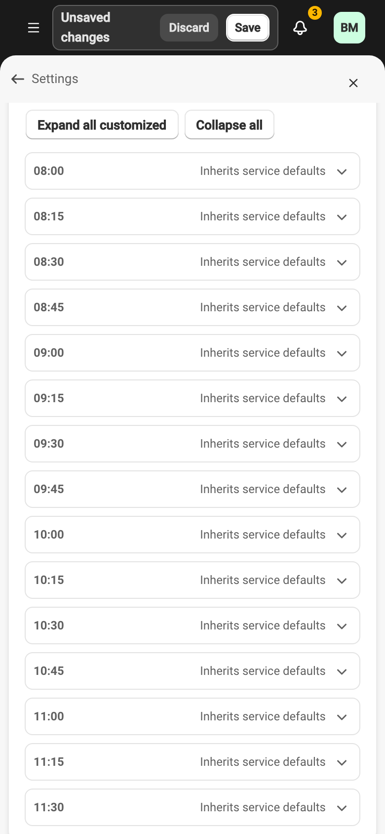 The Per-slot customization card enabled in a service form, with one slot per row reading “Inherits service defaults”.