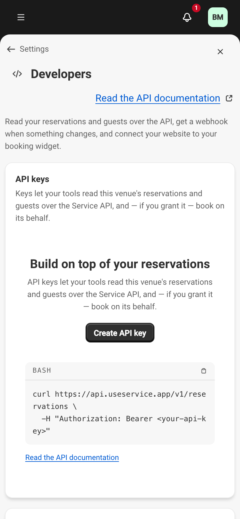 The API keys section of the Developers area, with the Create API key button.