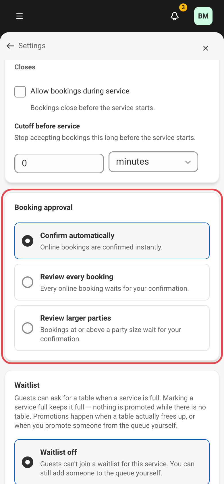The Booking approval block of a booking rule.