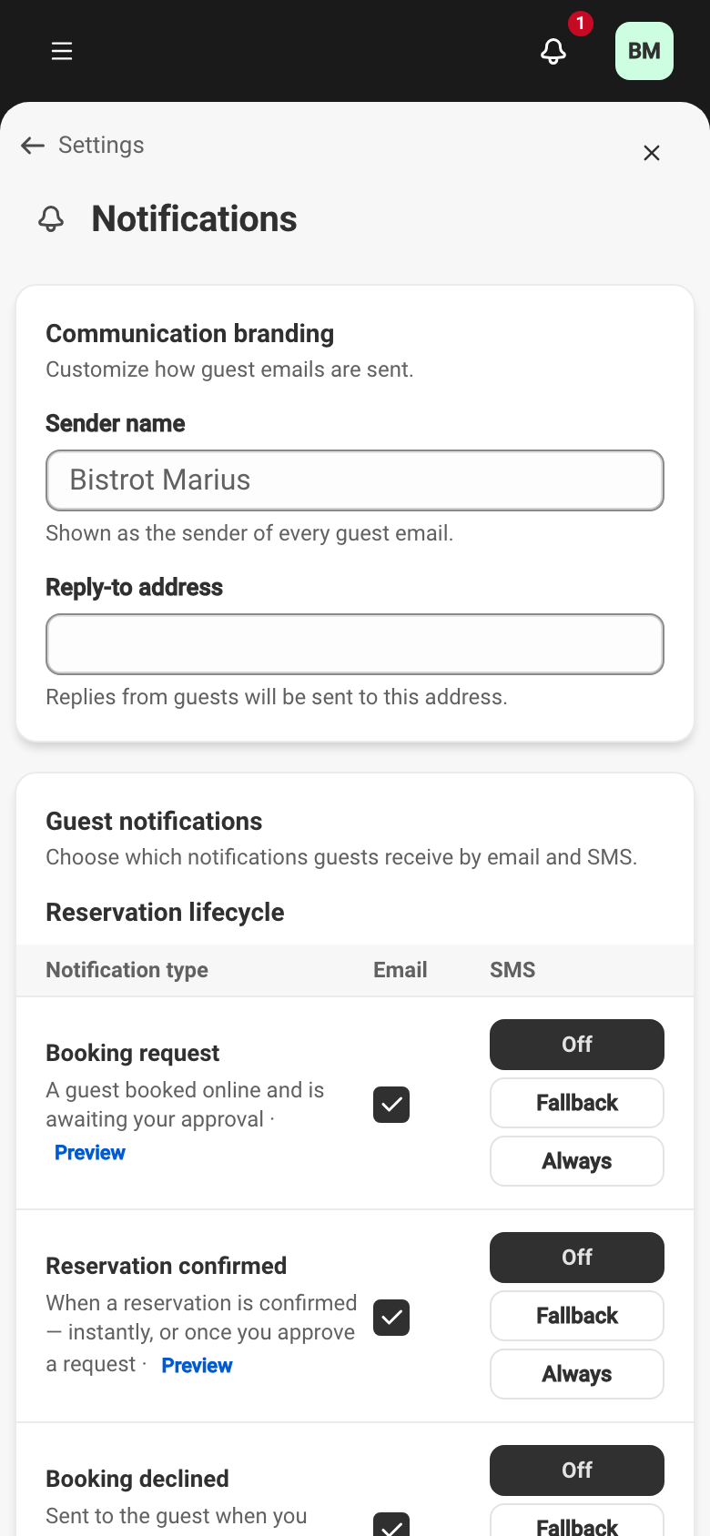 The Communication branding card, with the sender name and reply-to address.