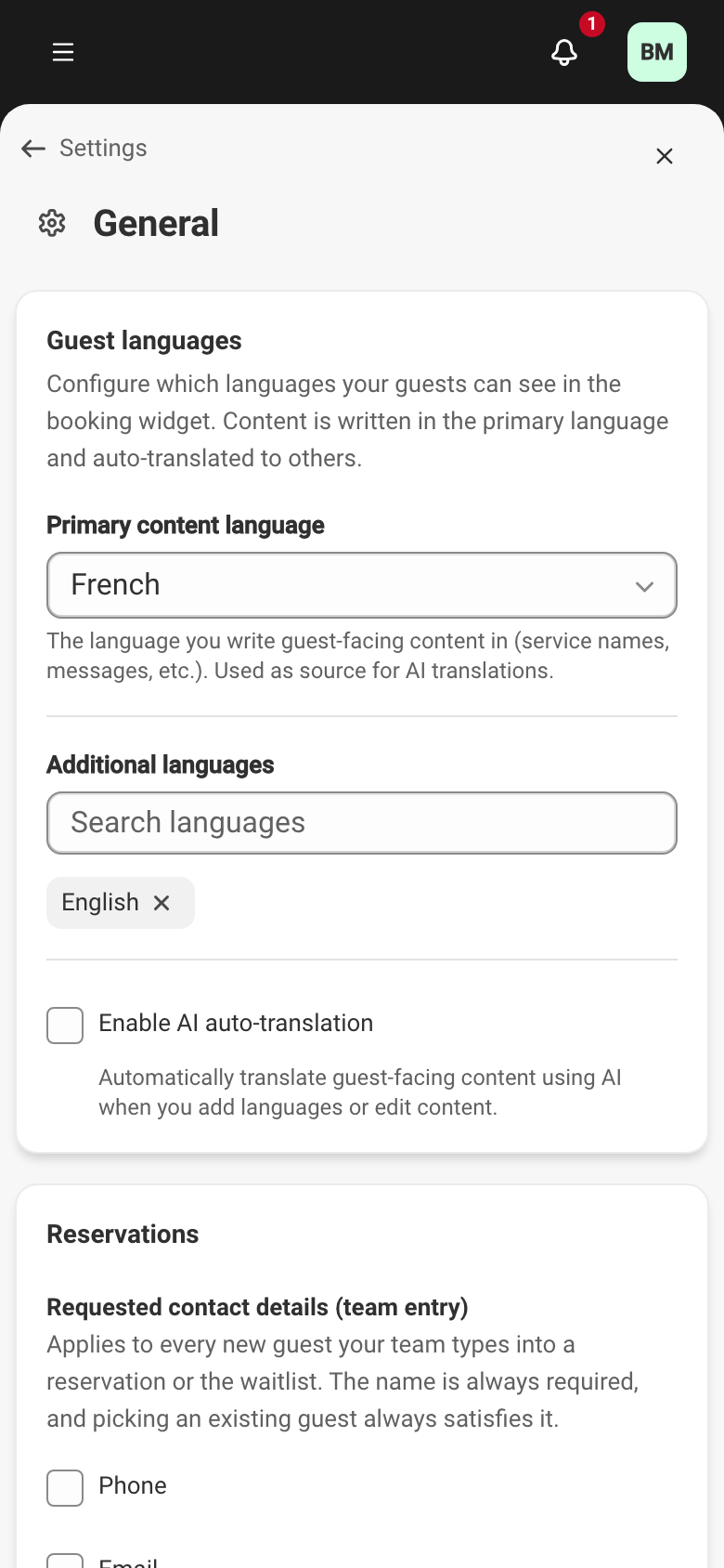 The Guest languages section: primary language, additional languages, and AI automatic translation.