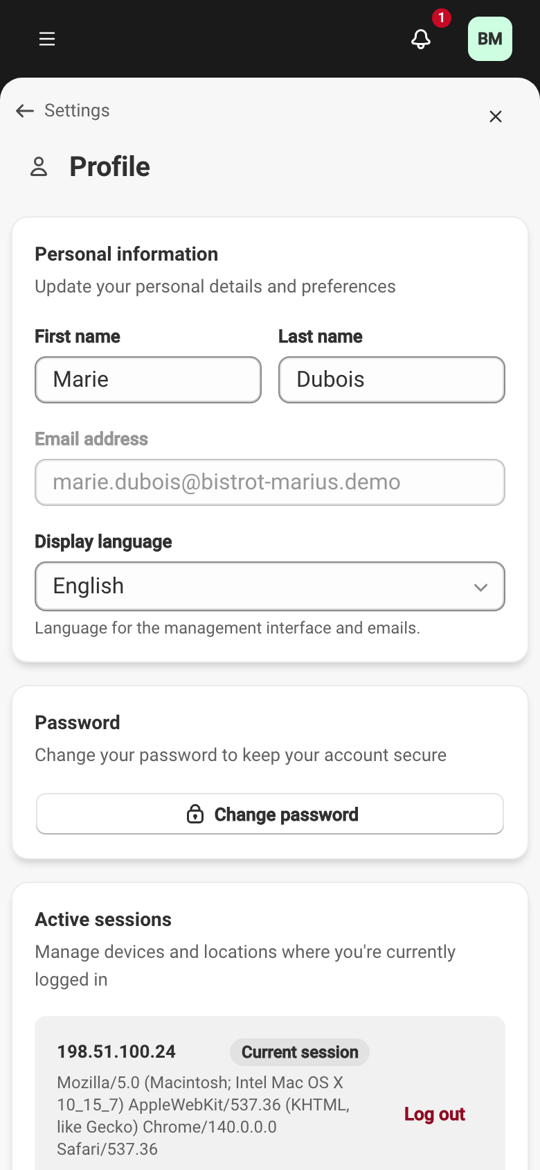 The Profile screen: personal information, display language, password change, and active sessions.