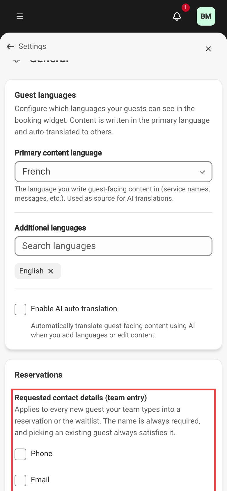 The Reservations card in the general settings, outlined in red: under “Requested contact details (team entry)”, the explanatory line and then the Phone and Email checkboxes, both unticked. Below the card, a notice says a missing detail can still be saved after confirming, with the omission noted in the reservation history.