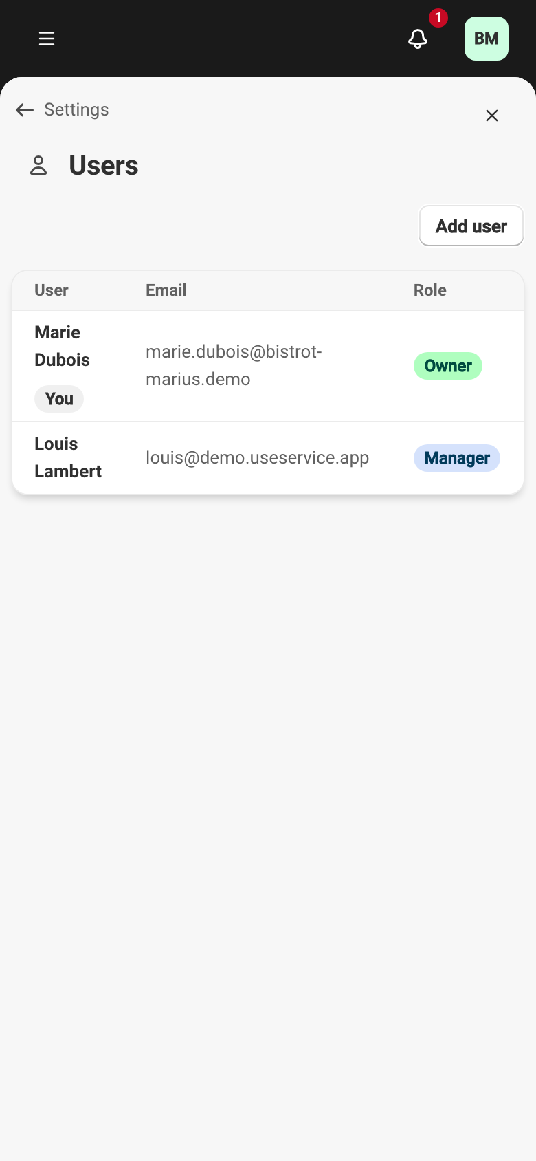 The venue's user list, showing each member's name, email, and role.