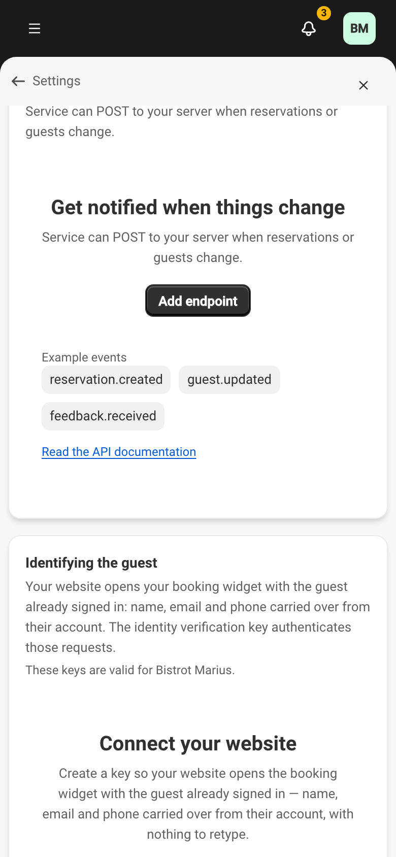 The Webhooks section of the Developers area, with the Add endpoint button.