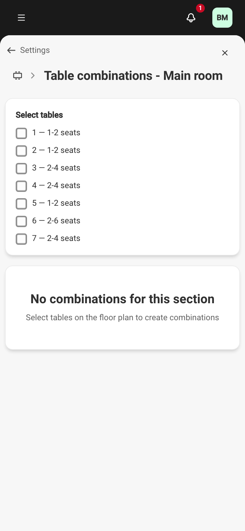 A section's combinations screen: the section's floor plan on the left and the combinations panel on the right.