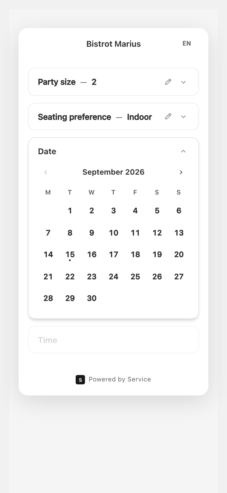 The booking widget, below its top bar showing the venue name and language switcher, open on the month calendar — the guest's party size and seating preference already chosen.