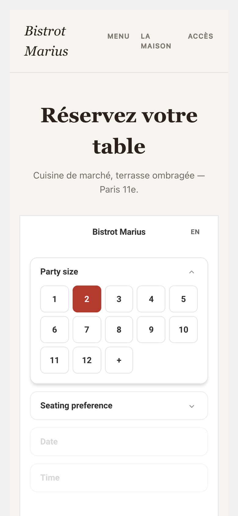 The booking widget embedded in the flow of a venue page, with its header and the booking accordion.