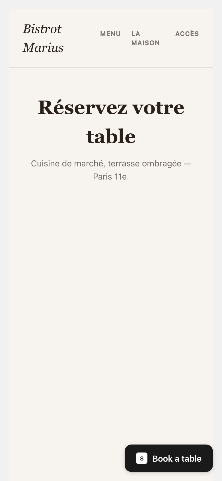 A floating Book a table button anchored at the bottom right of a venue page.
