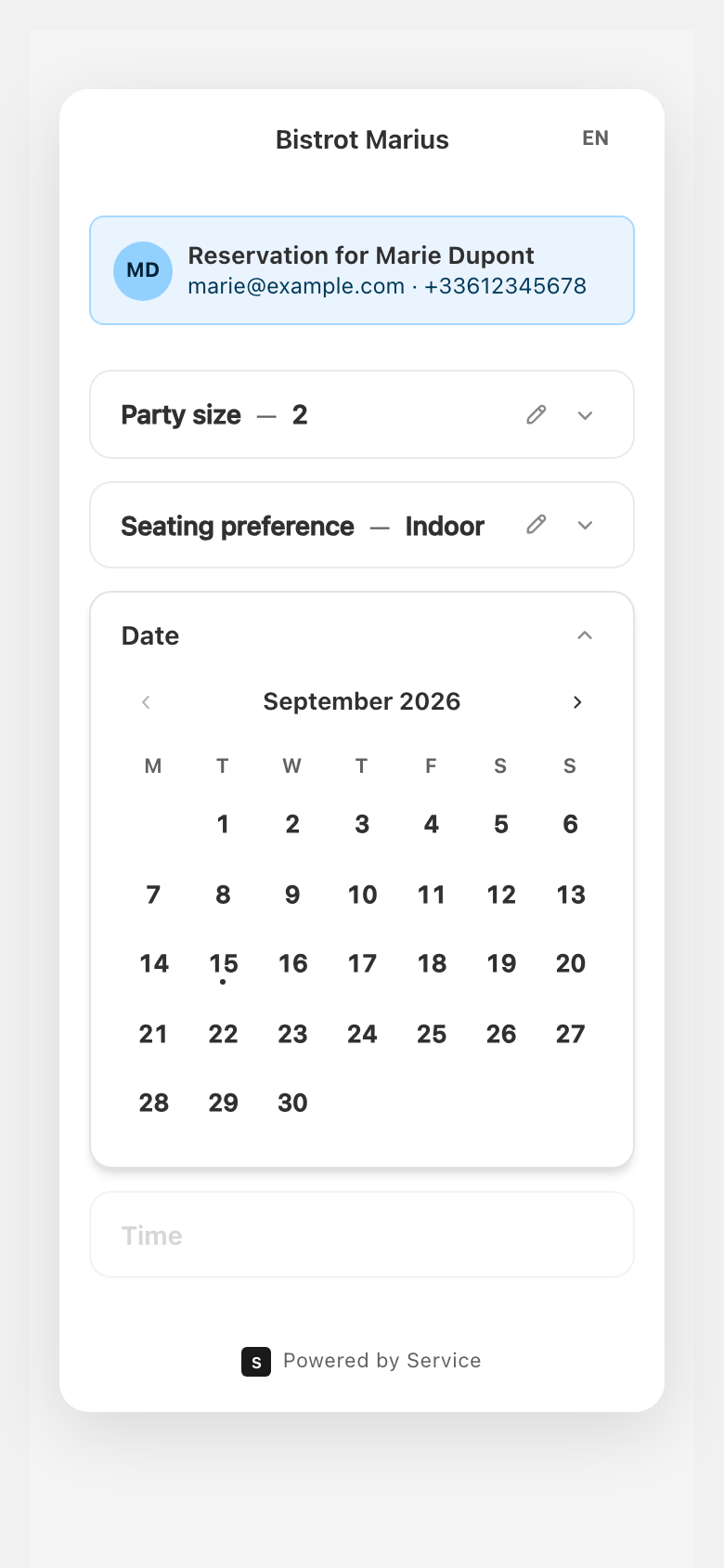 The booking widget, below its top bar showing the venue name and language switcher, with the recognised guest's reservation banner at the top — their email and phone — above the availability selection.