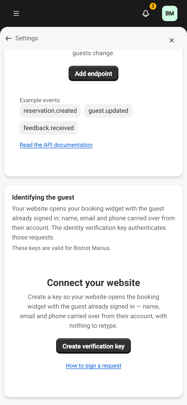 The Identifying the guest section of the Developers area, with the Create verification key button.