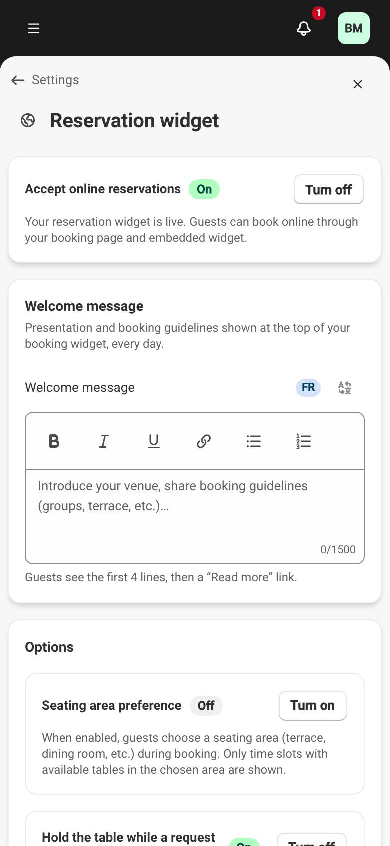 The configuration screen at Settings → Reservation widget: the Accept online reservations switch, on, at the top, followed by the welcome message and options.