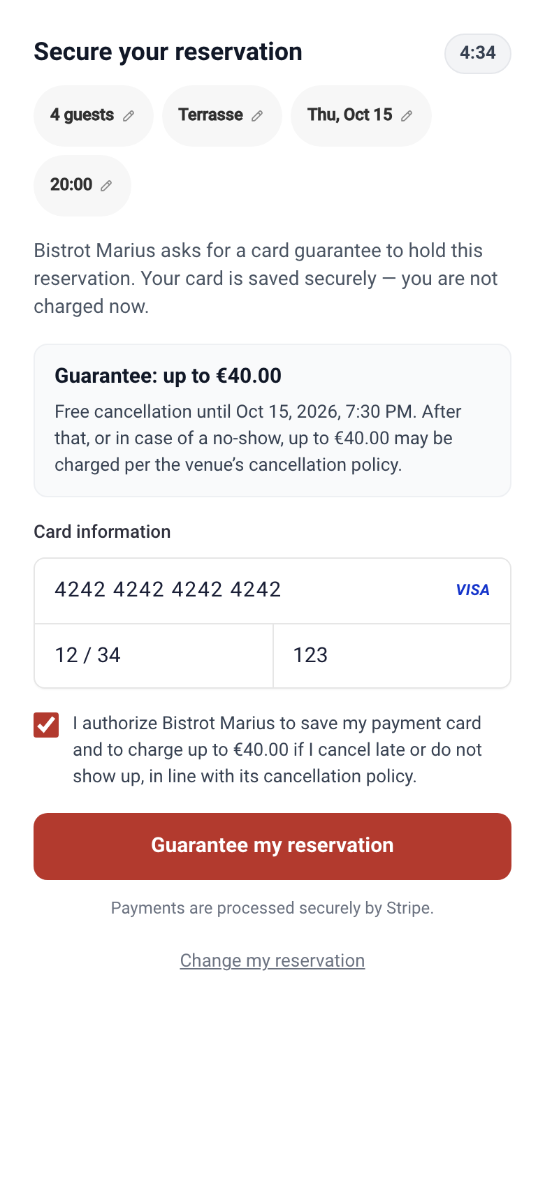 The widget card-entry step, with the guarantee amount and the note that nothing is charged.