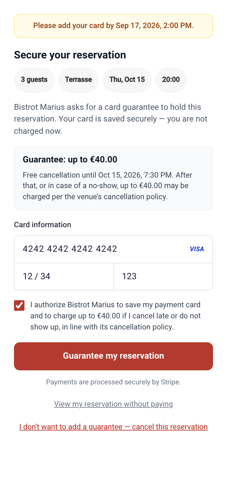 The self-service page for providing the card guarantee.