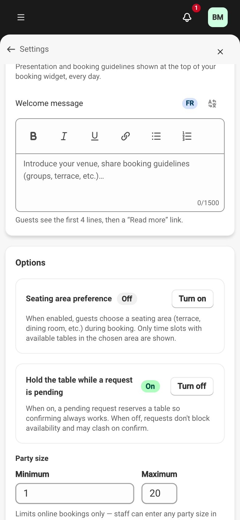The Welcome message card at Settings → Reservation widget, with the rich-text editor, character counter and translation icon.