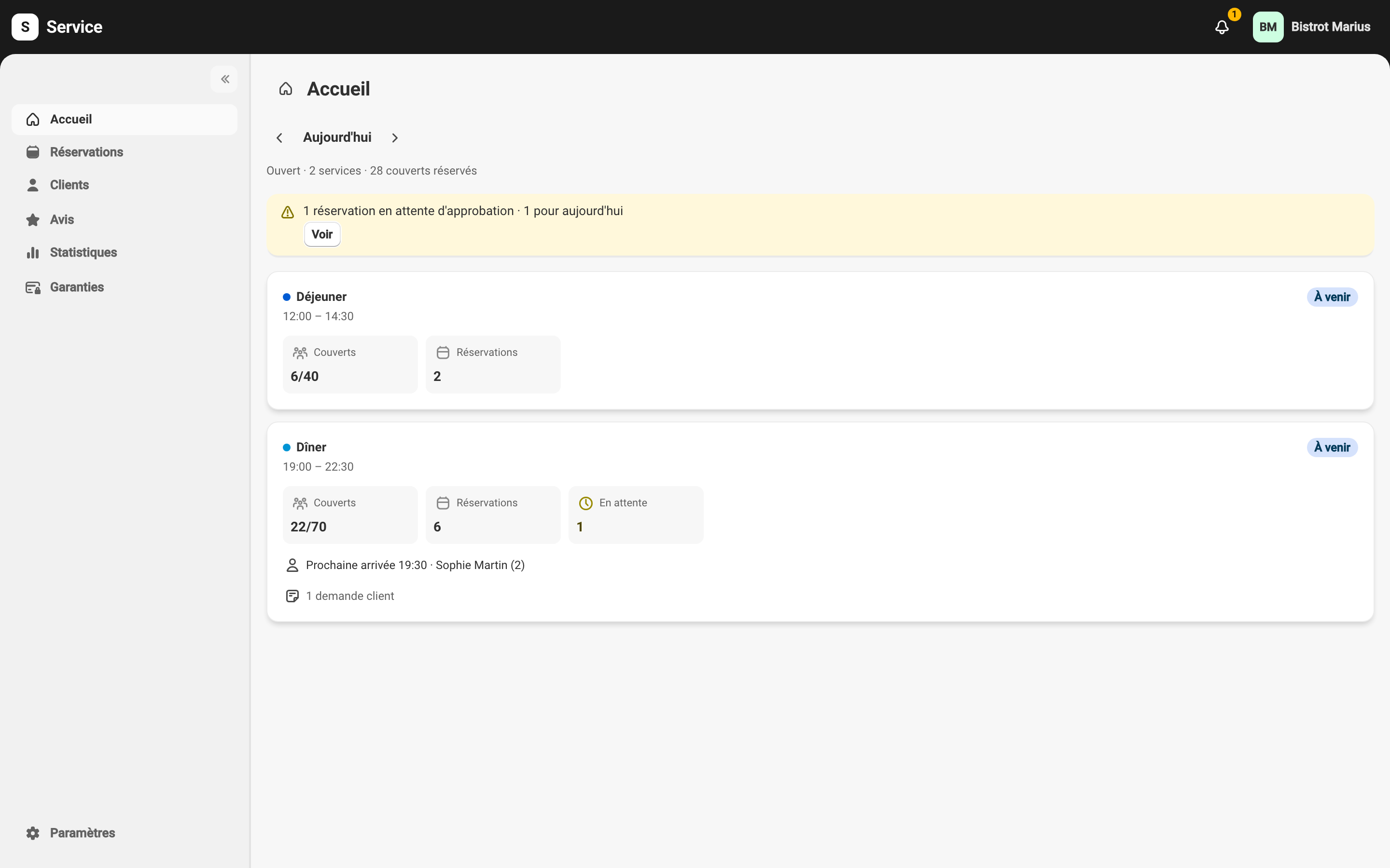 L'accueil du back-office Service, avec le menu de navigation à gauche et le résumé de la journée à droite.