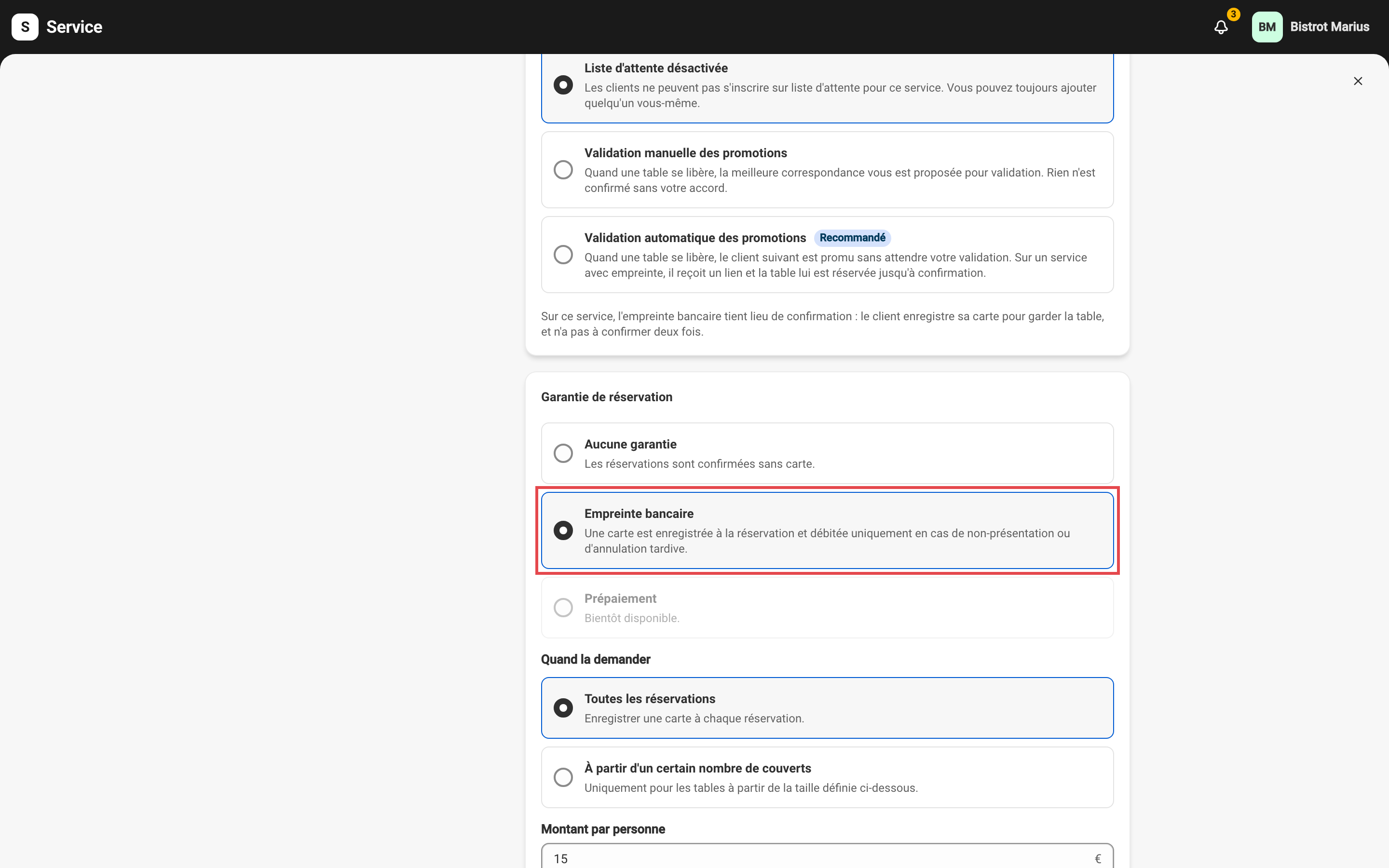 Le choix du mode de garantie d'une règle de réservation : Aucune garantie, Empreinte bancaire ou Prépaiement (bientôt disponible).