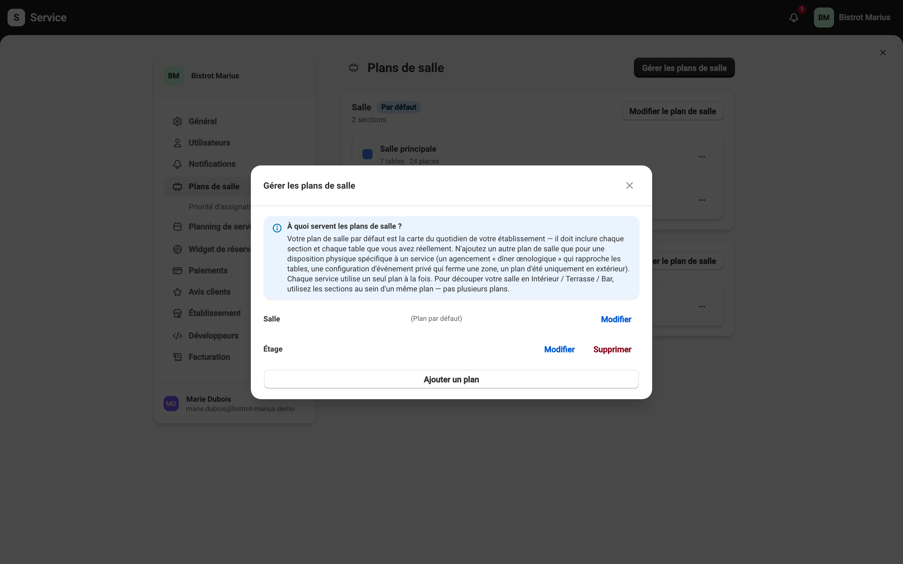 La fenêtre Gérer les plans de salle : l'explication de leur usage, la liste des plans et le plan par défaut.