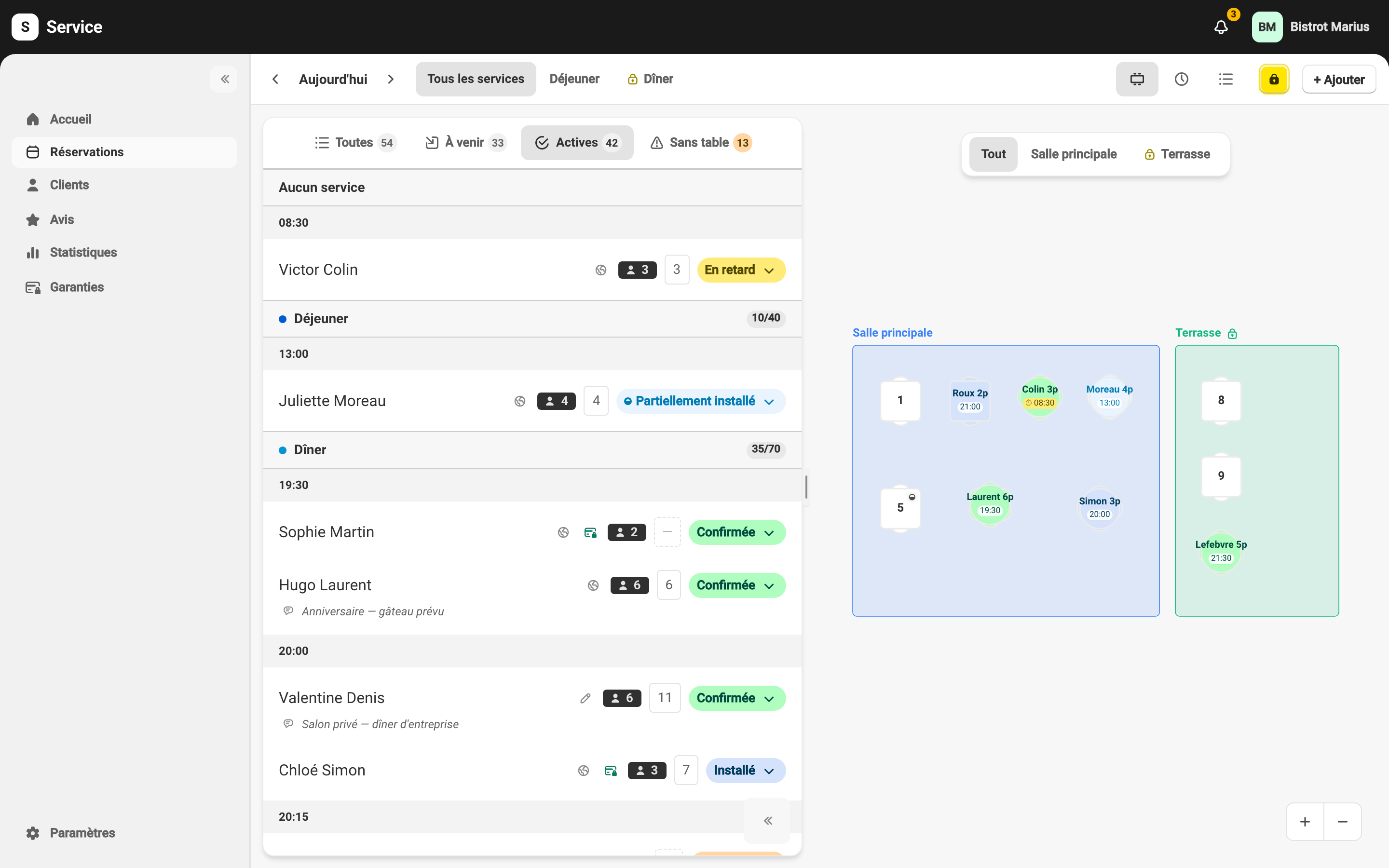 La vue Plan de salle, où vous appuyez sur une table pour installer un client de passage.