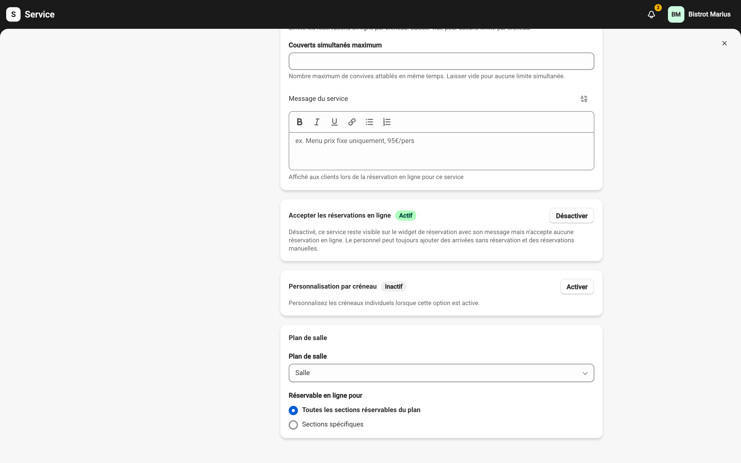 Le bloc « Accepter les réservations en ligne » du formulaire d'un service, avec le badge Actif et le bouton Désactiver.
