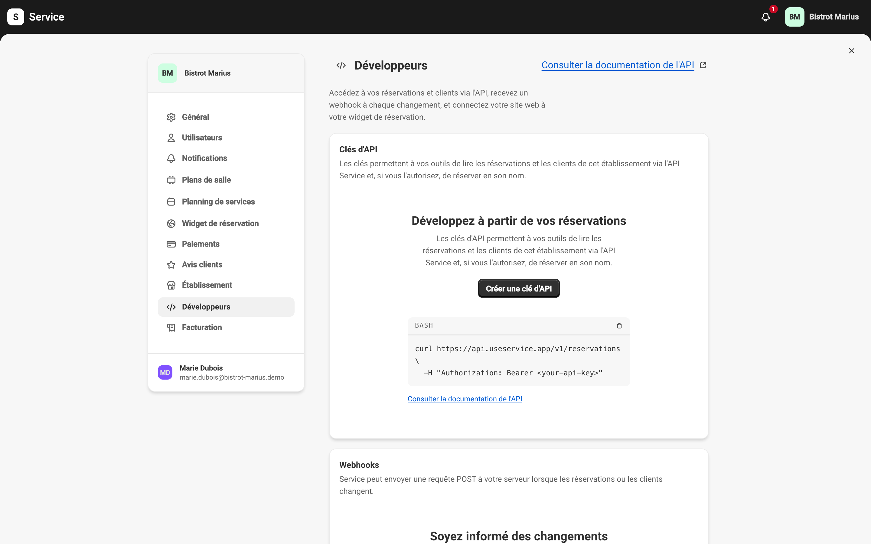 La section Clés d'API de l'espace Développeurs, avec le bouton Créer une clé d'API.
