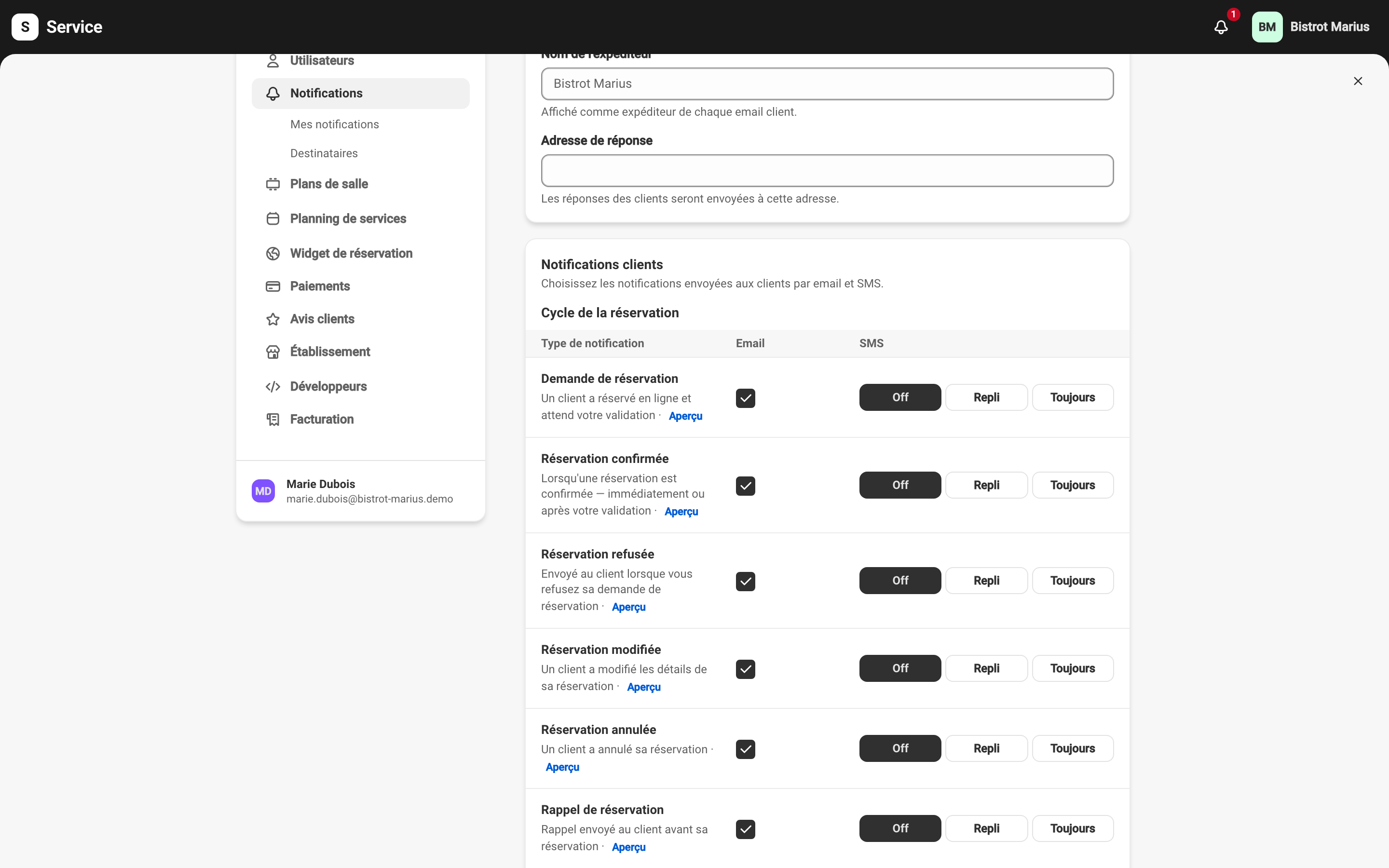 Le tableau des notifications clients, avec une colonne Email et une colonne SMS (Désactivé, Si pas d'email, Toujours) pour chaque type d'événement.