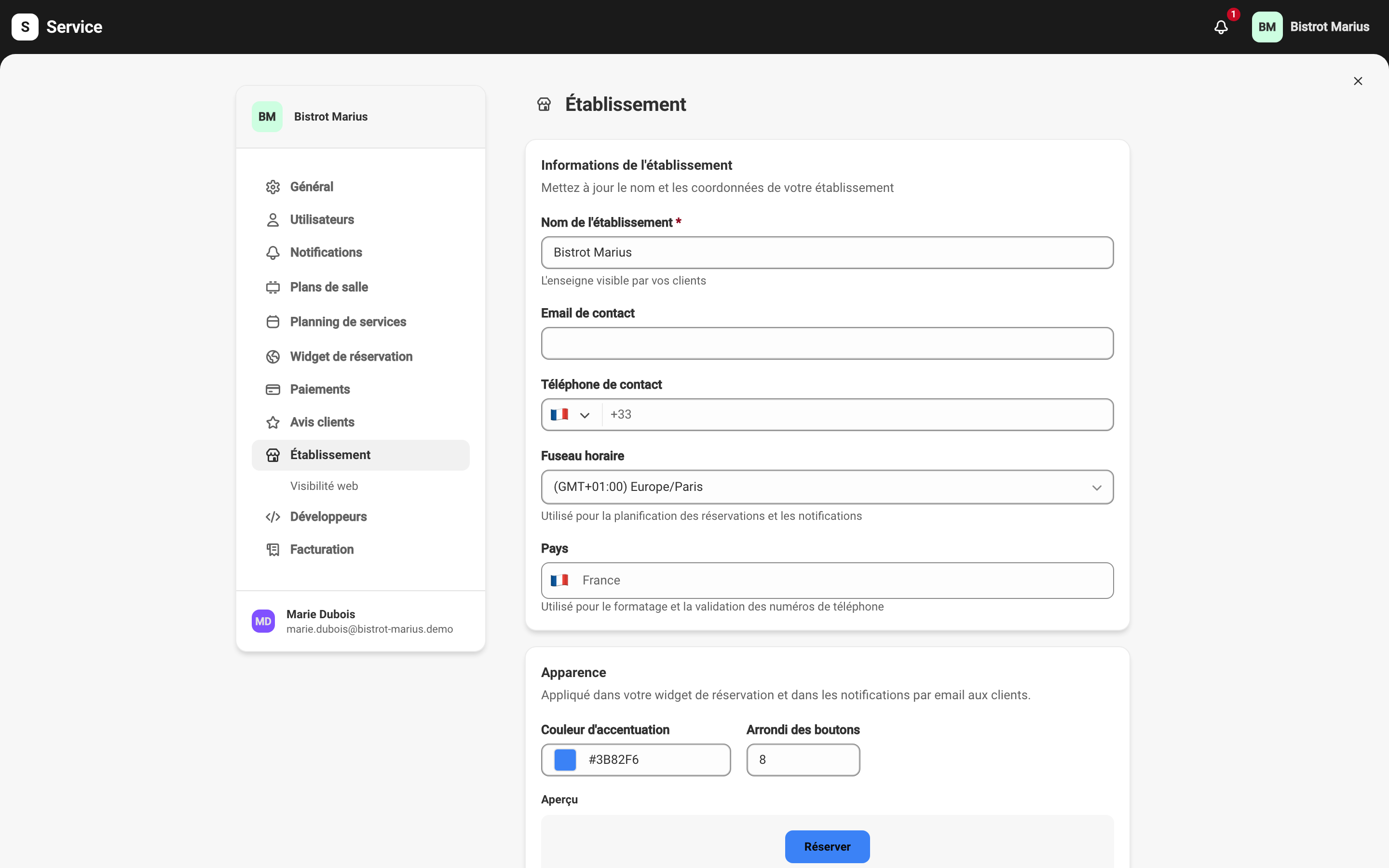 L'écran Établissement, avec les informations de l'établissement, l'apparence et le logo.