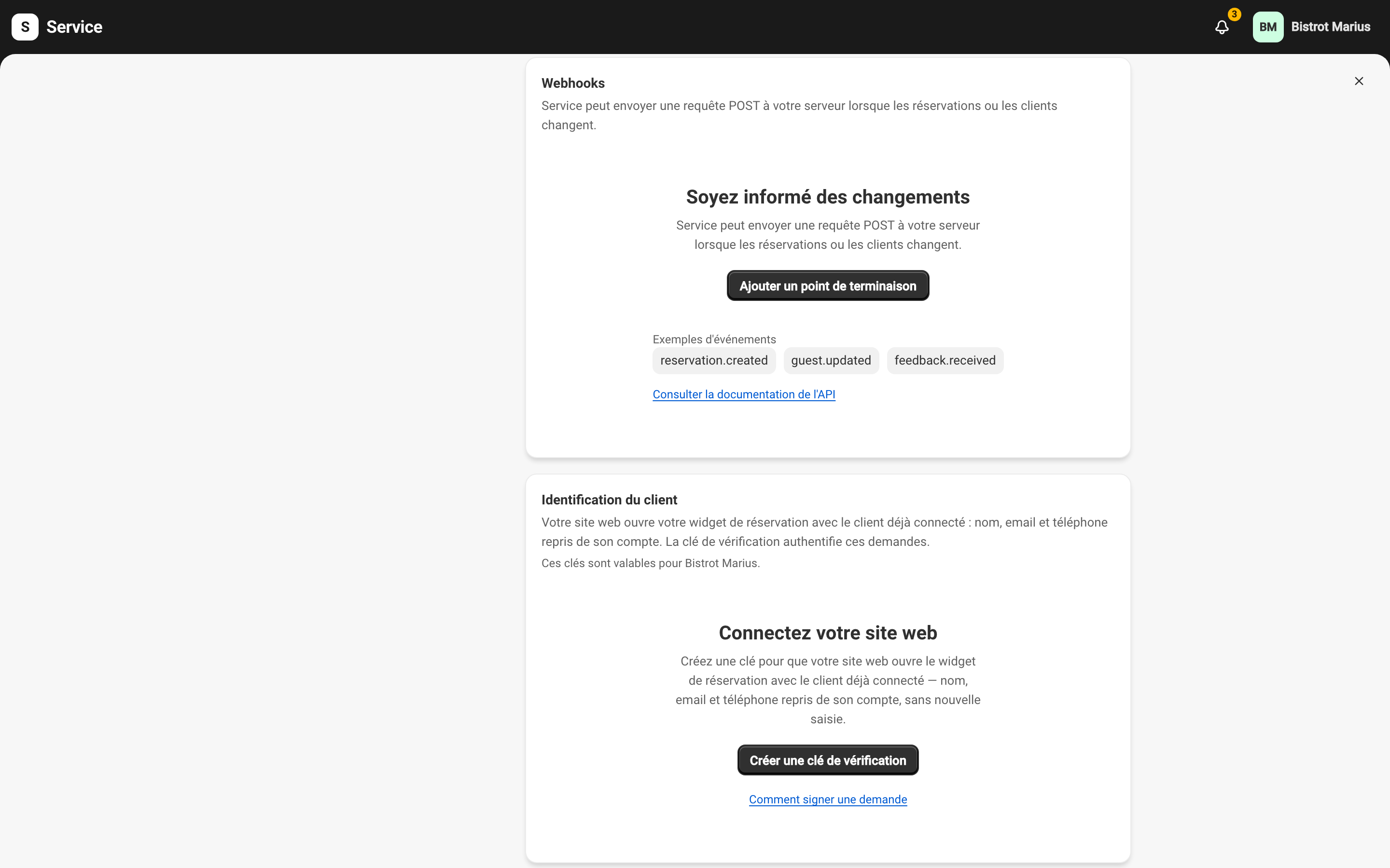 La section Webhooks de l'espace Développeurs, avec le bouton Ajouter un point de terminaison.