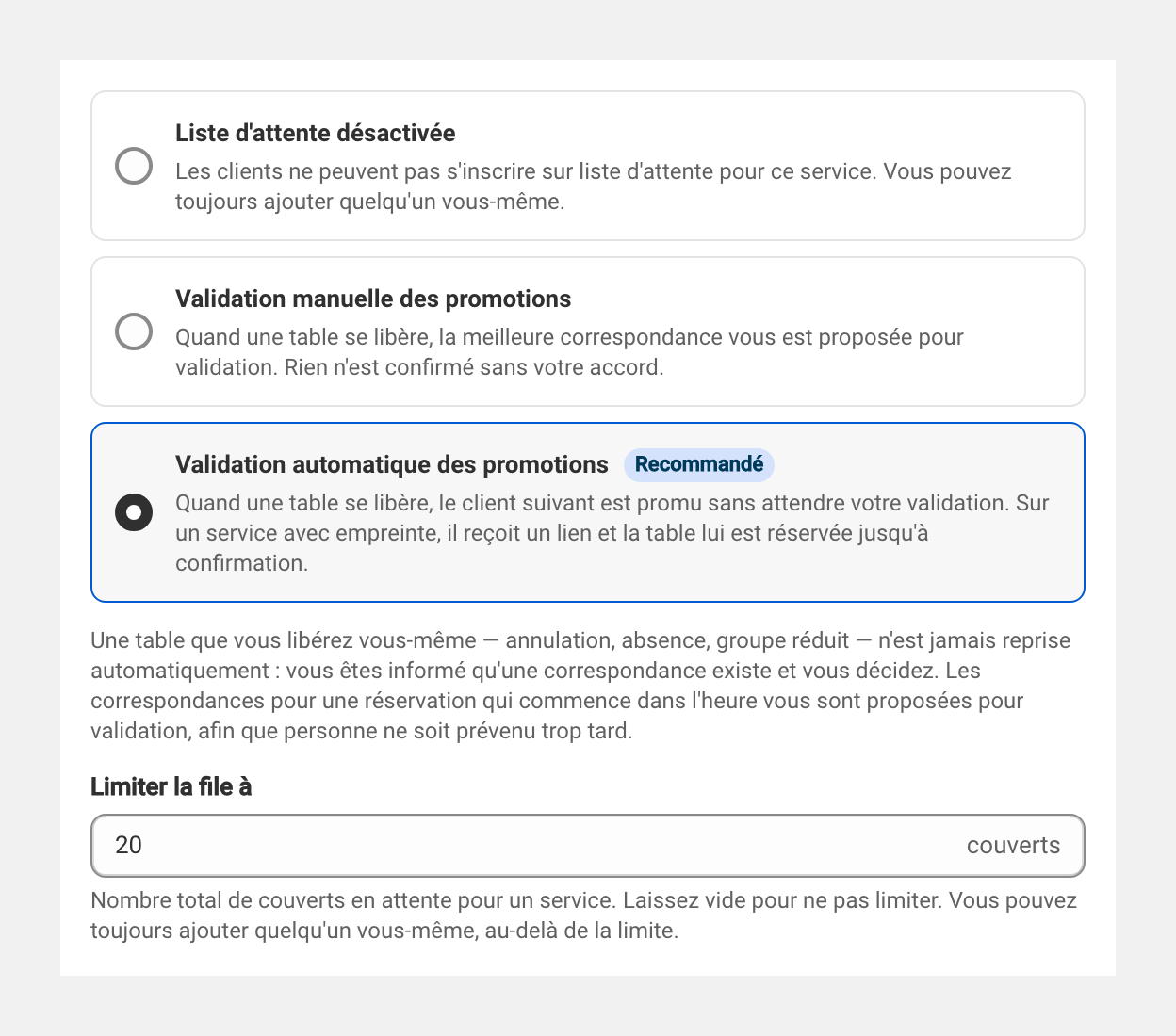 La section Liste d'attente des règles de réservation : les trois options, Validation automatique des promotions sélectionnée, et le champ Limiter la file à.